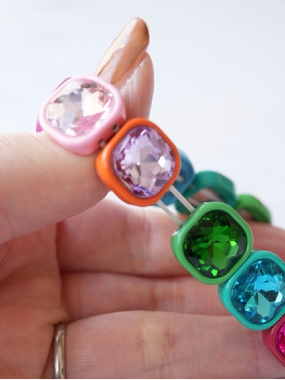 Frankie Multi-colored Square Rhinestone Gemstone Jeweled Stretch Bracelet - Picture 7 of 8